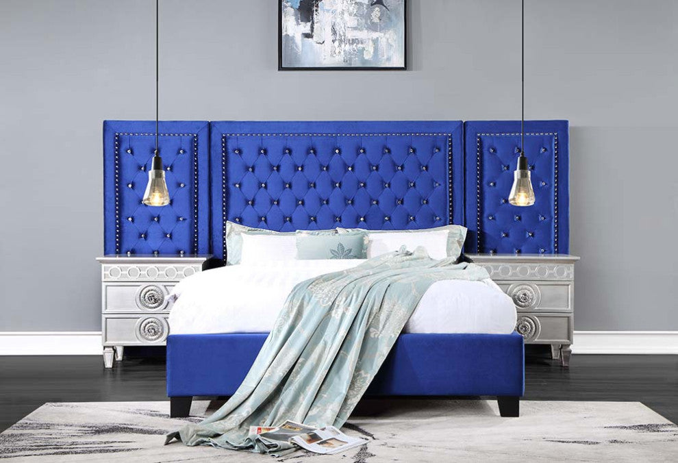 Frances Oversized Headboard Platform Bed, Blue Velvet, Queen