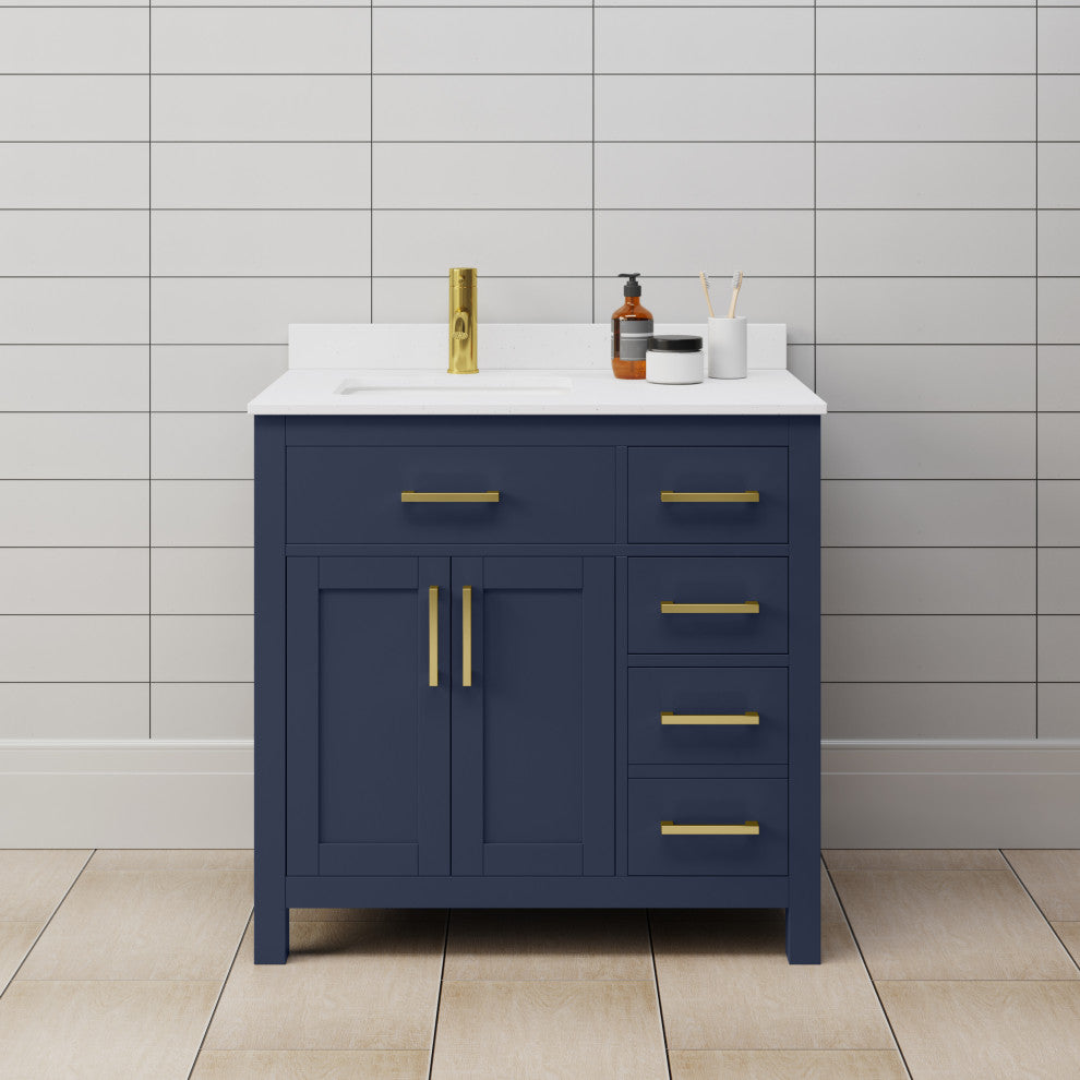 Beckett 36" Dark Blue Single Vanity, White Cultured Marble Top, Gold Trim