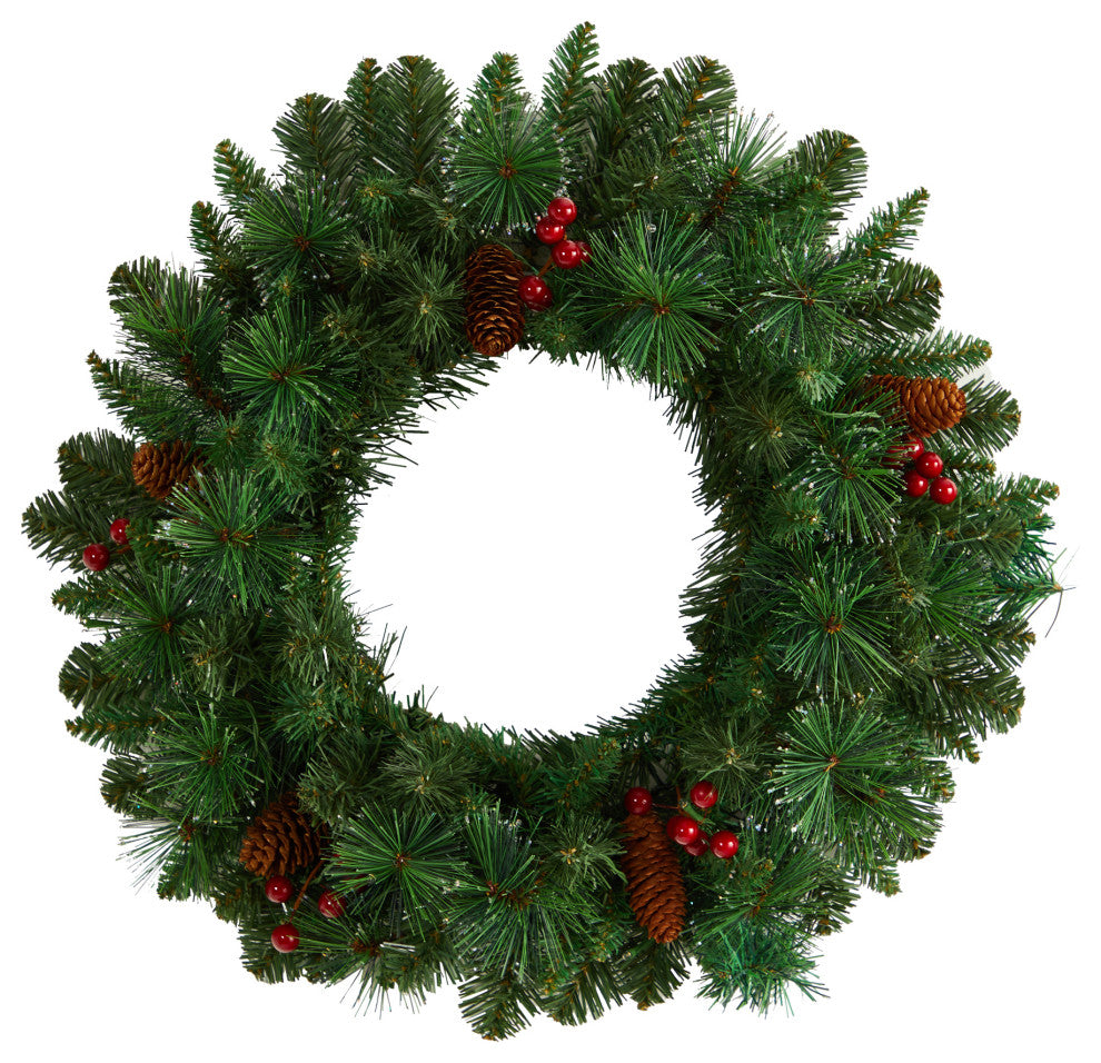 20" Frosted Pine Artificial Christmas Wreath, Pinecones, Berries 35 LED Lights