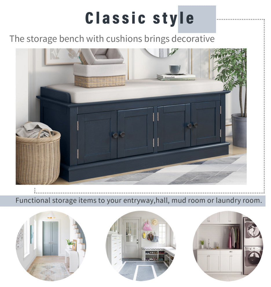 TATEUS 42" Wooden Storage Bench With 4 Doors and Adjustable Shelves for Entryway, Antique Navy
