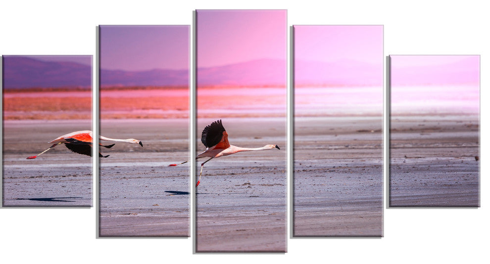 Flying Pair of Cute Flamingos, Animal Canvas Art Print, 60"x32", 5 Panels
