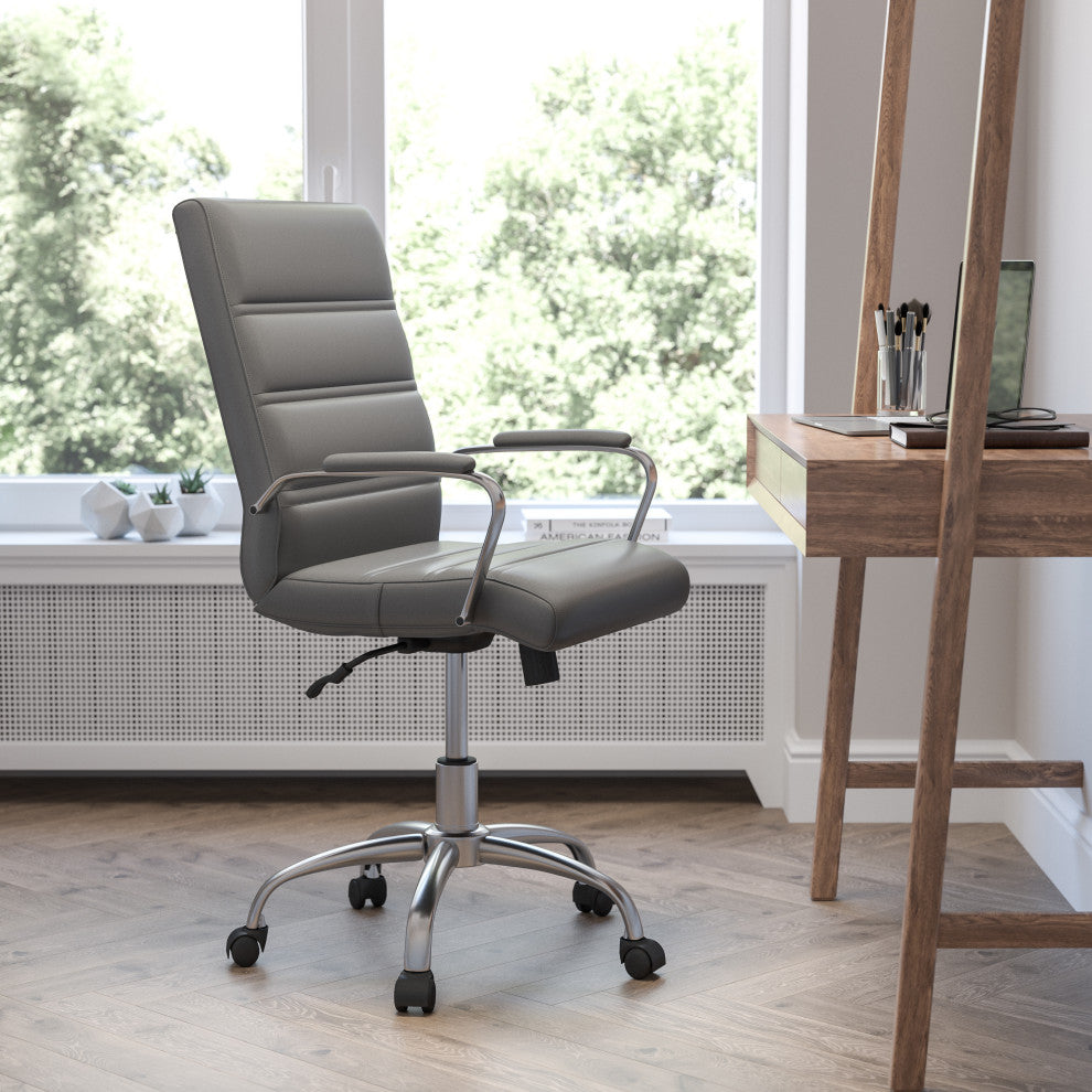 Mid-Back Executive Swivel Office Chair with Metal Frame and Arms, Gray Leatherso