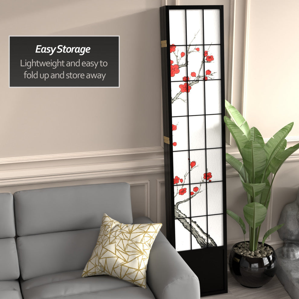 7' Tall Cherry Blossom Shoji Screen, Black, 6 Panels