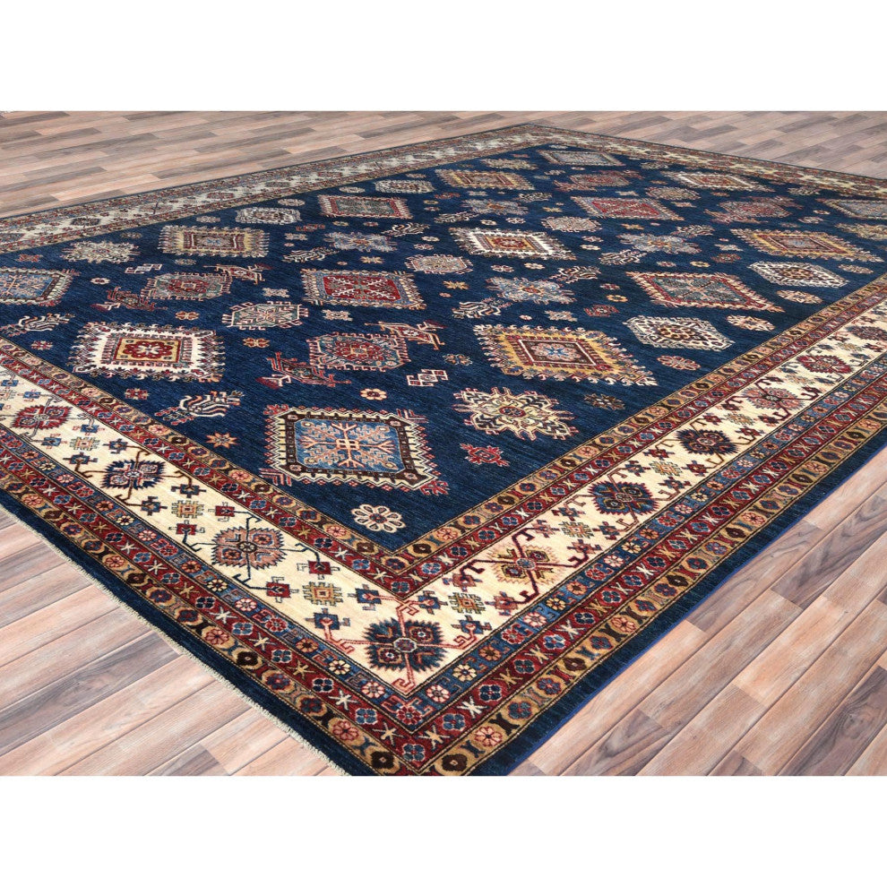 Blue, Afghan Super Kazak, Wool, Hand Knotted, Rectangle Rug, 12'x15'9"