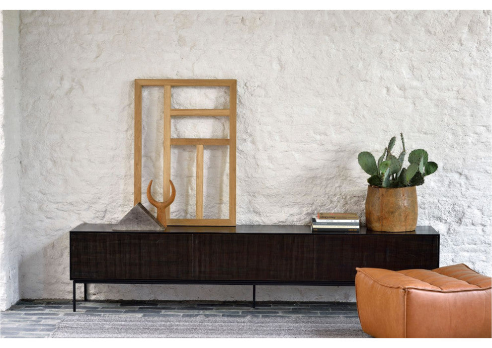 Dark Teak TV Cupboard | OROA Grooves, 96"w X 18"d X 21"h