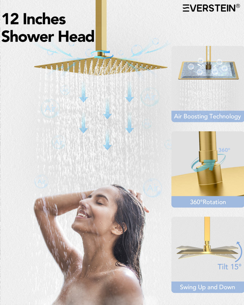 Themostatic Shower System 12" High-Pressure Dual Heads, Brushed Gold