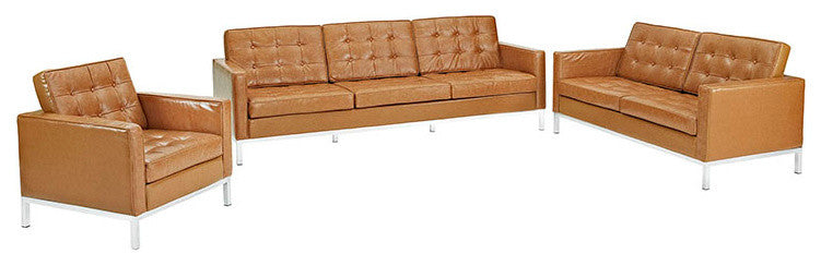 Modern Tan Loft Armchair Loveseat and Sofa Set Leather 3 Piece Set