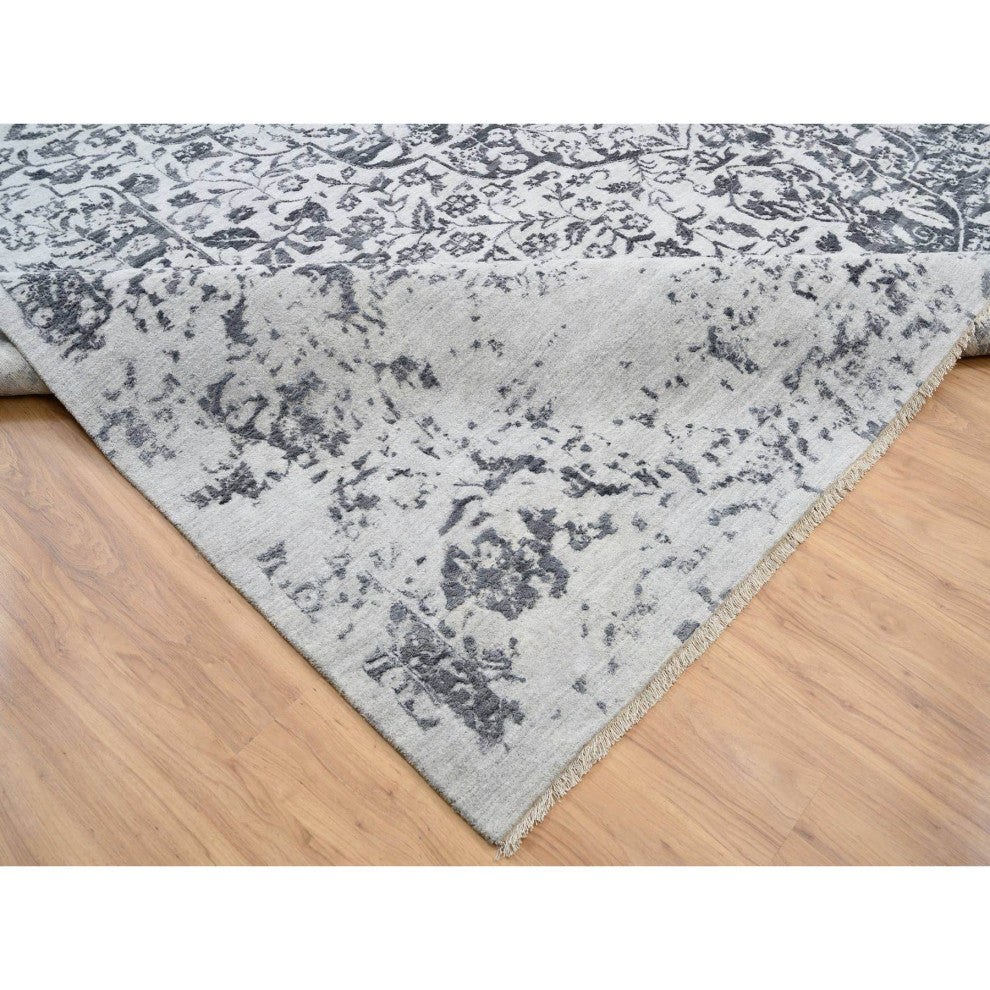 Gray Hand Knotted Erased Persian Design Wool and Silk Oversized Rug 14'2"x18'0"