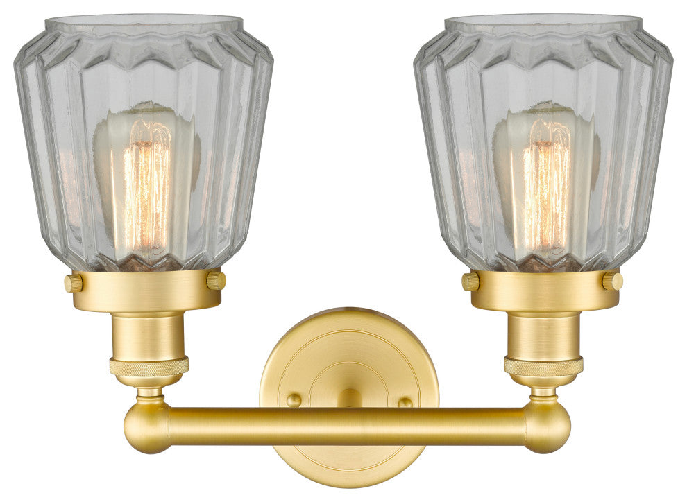 Edison Chatham 2-Light 16" Vanity Light, Satin Gold Finish, Matte White Shade