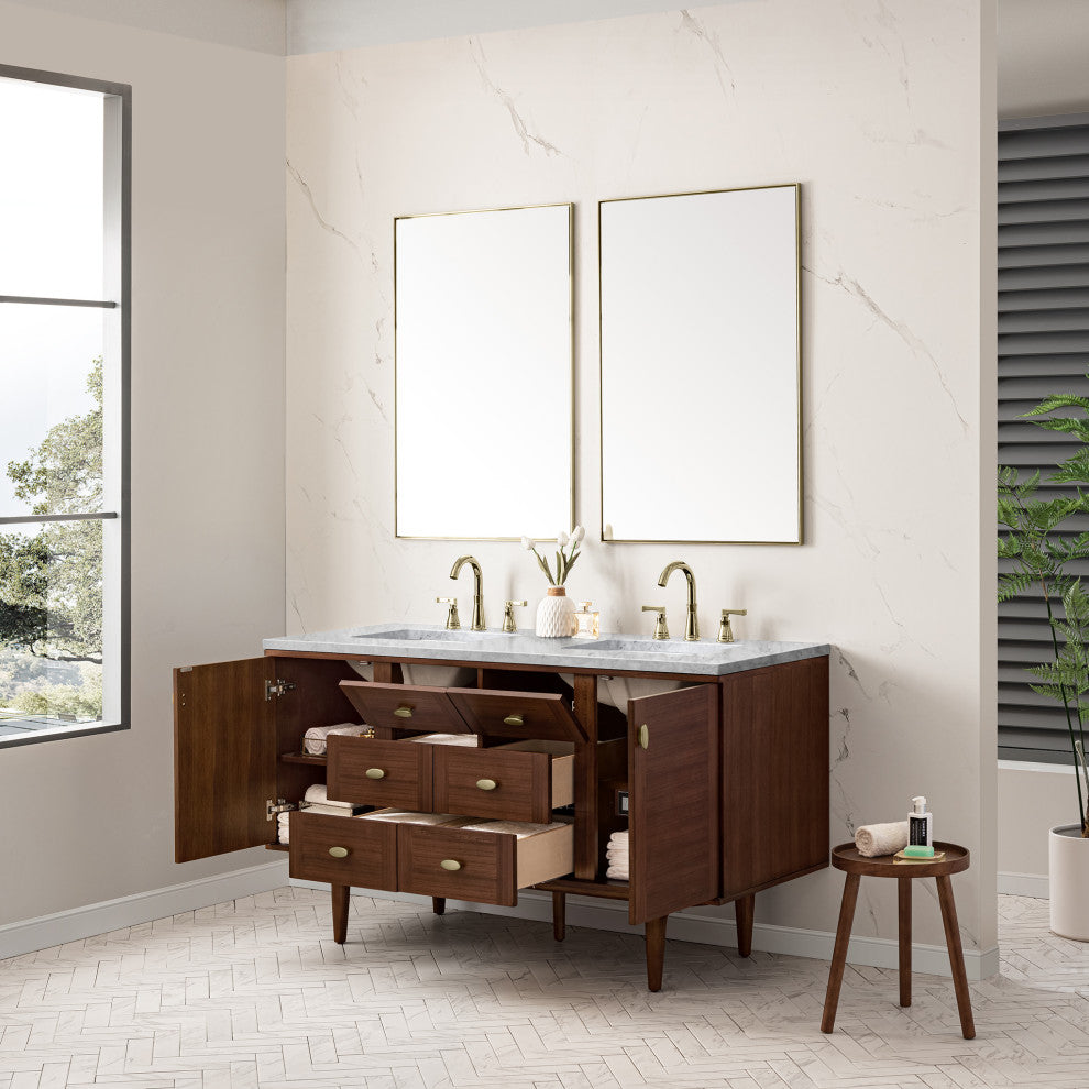 Amberly 30" Single Vanity, Mid-Century Walnut, 60", Carrara Marble, Three-Hole