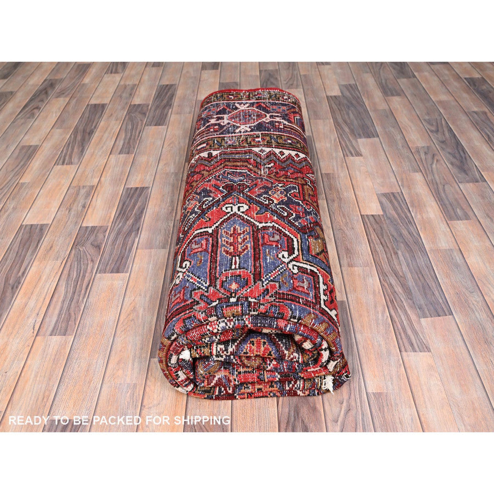 Imperial Red Semi Antique Persian Heriz Worn Wool Hand Knotted Rug 8'1"x11'1"
