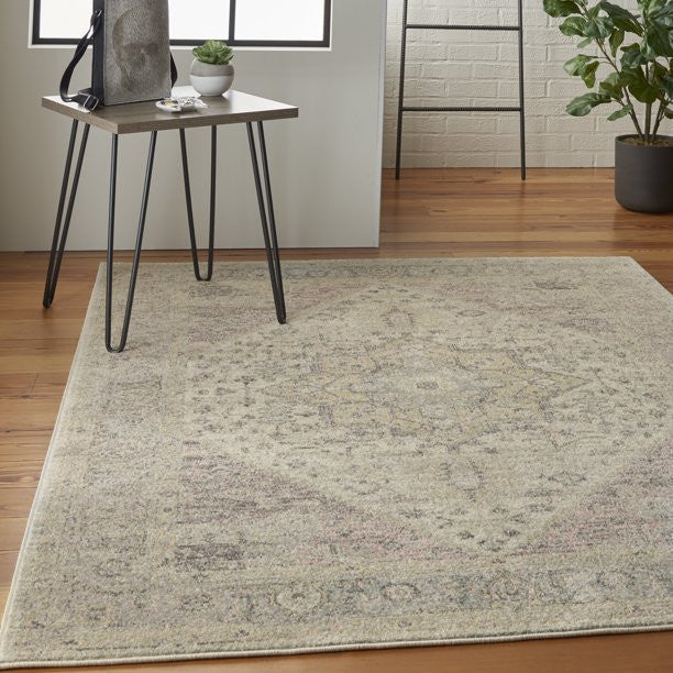 Vintage Area Rug, Classic Medallion Pattern, Ivory/Pink, 8'10" X 11'10"