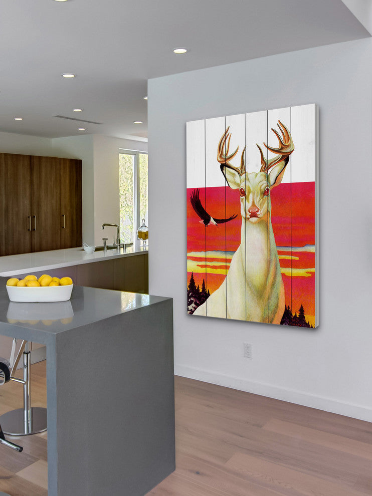 "Albino Deer" Painting Print on White Wood