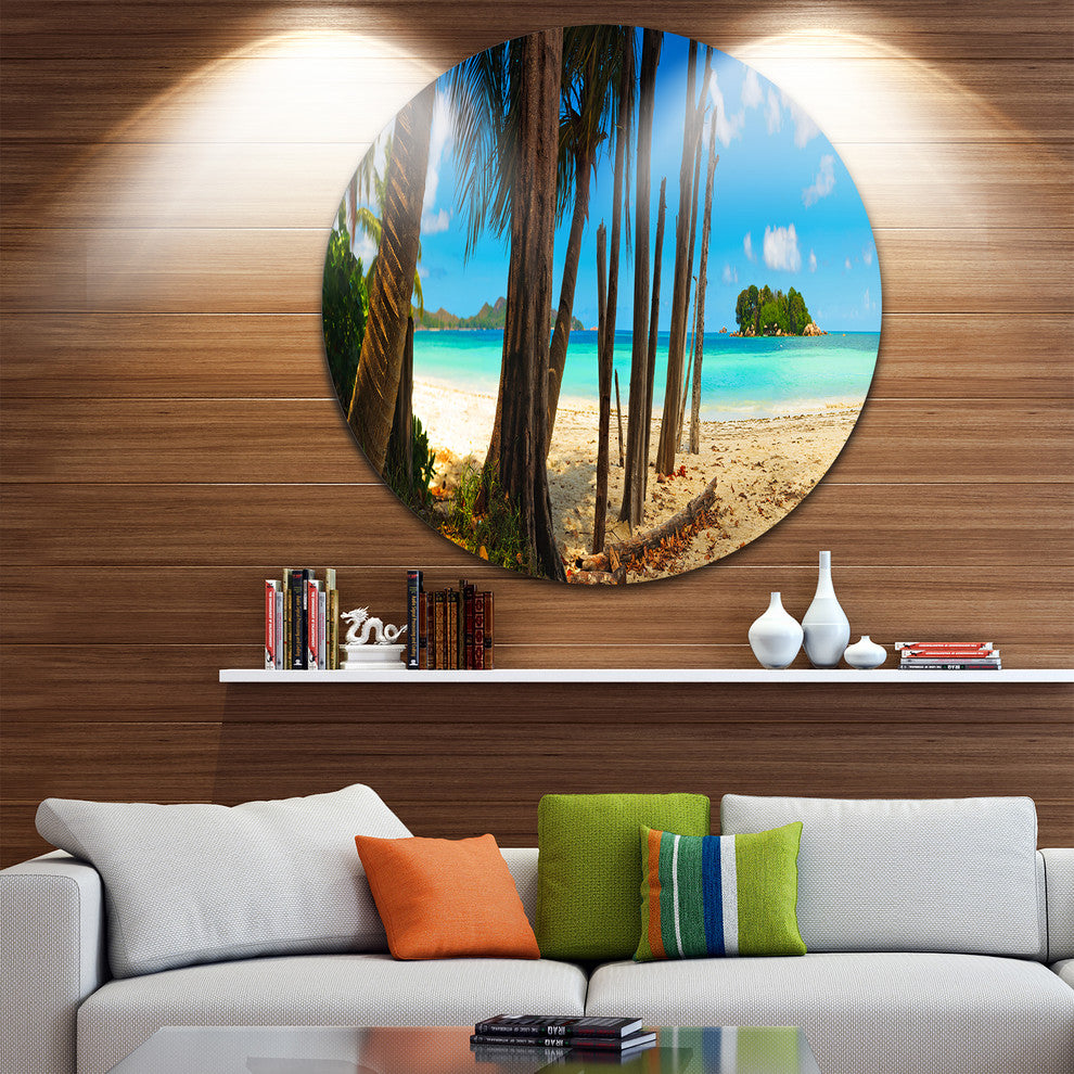 Praslin Island Tropical Beach Panorama, Seascape Disc Metal Art, 36"