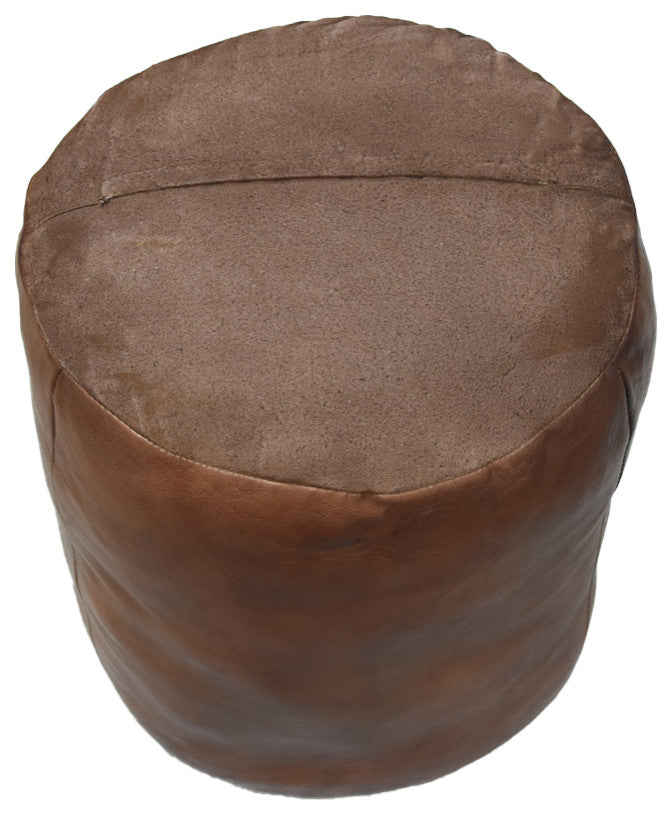 Pouf-Solid Handmade Leather Pouf (Recycled Foam with Fiber Fill), Brown, (Round]16x16x16