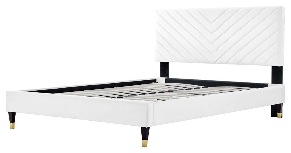 Platform Bed Frame, Queen Size, White, Velvet, Modern, Bedroom Guest Suite