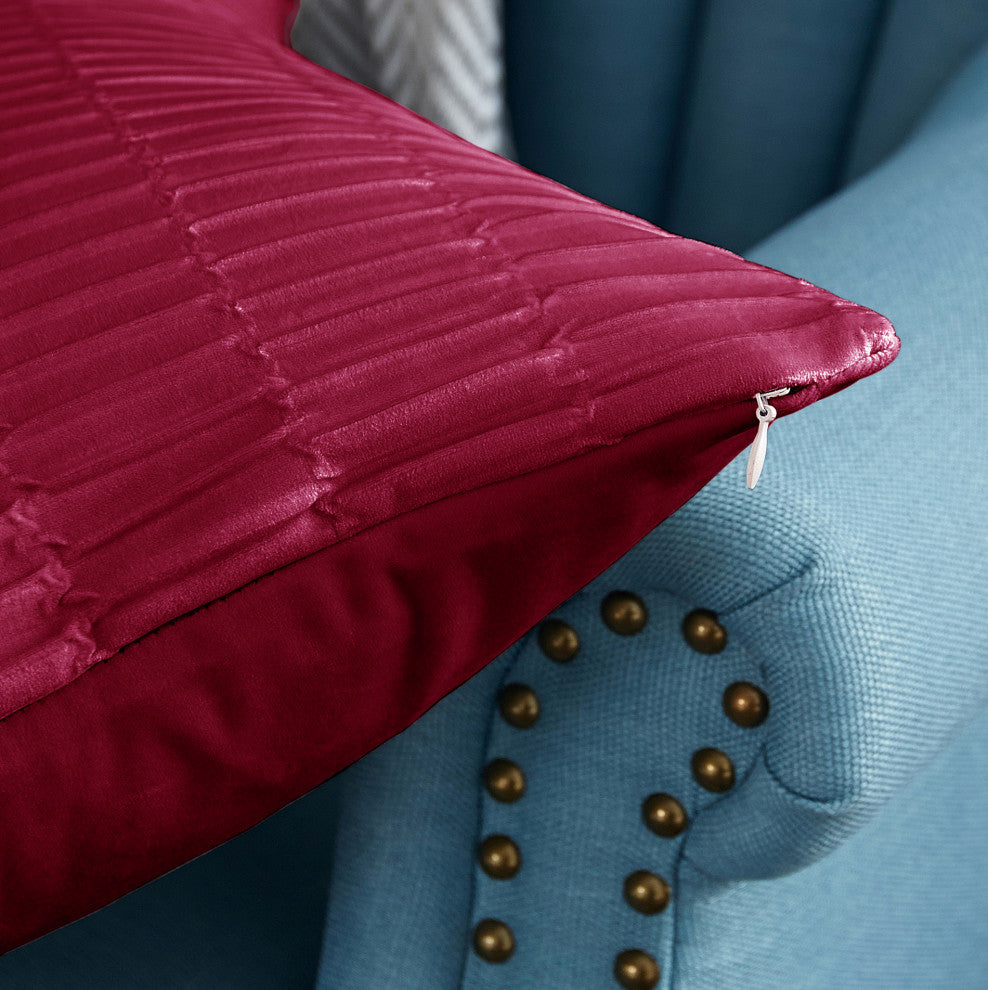 Pleated Velvet Pillow Covers, Set of 2, Garnet, 14"x26"