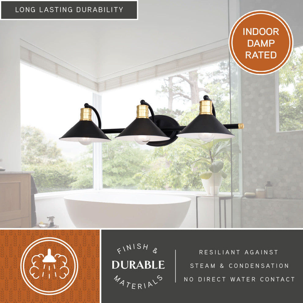 Akron 3 Light Vanity Matte Black and Natural Brass with Matte White