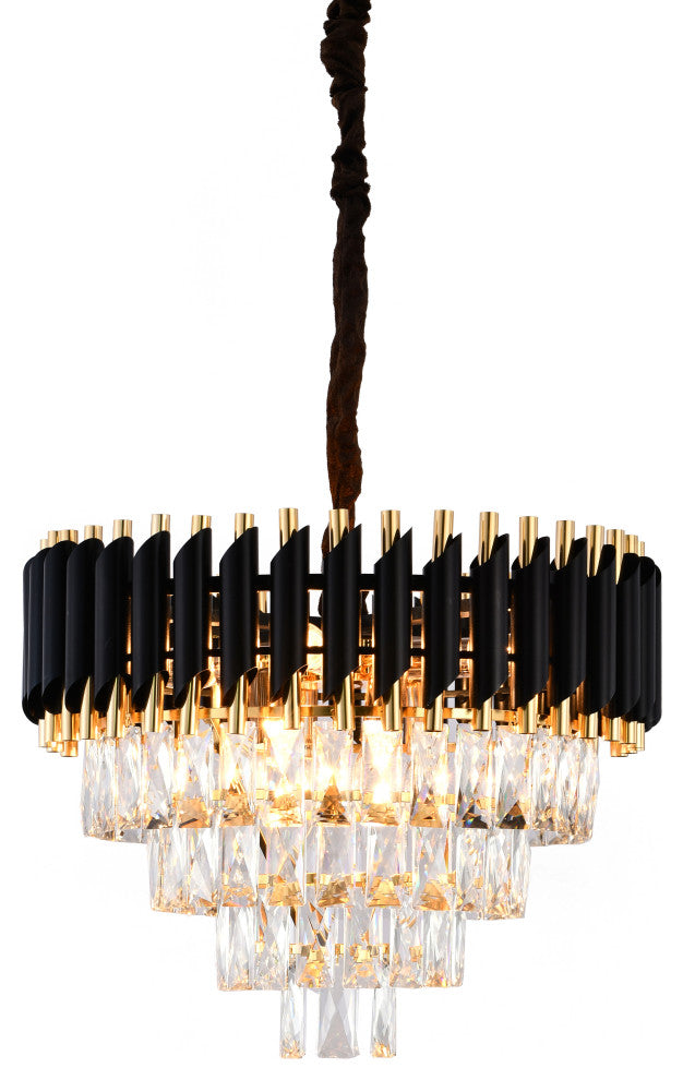 8-Light D20" Black And Gold Stainless Steel Chandelier With Crystals