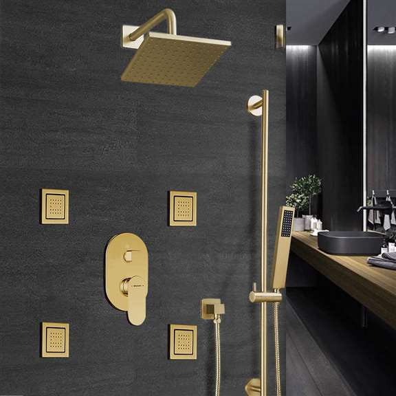 Bravat Brushed Gold Square Shower Set, Valve Mixer 3-Way Concealed Wall Mount