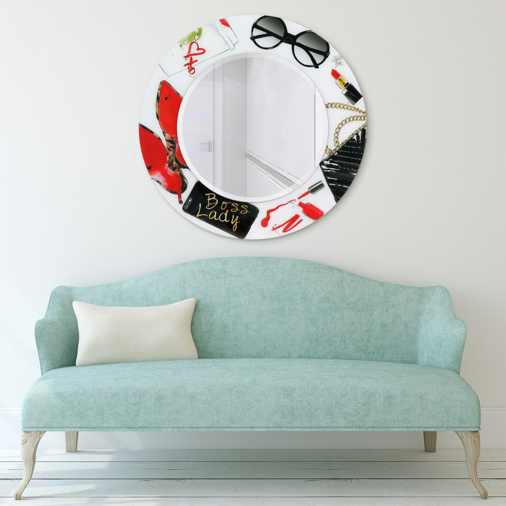 "Boss Lady" Round Beveled Wall Mirror on Floating Printed Tempered Art Glass