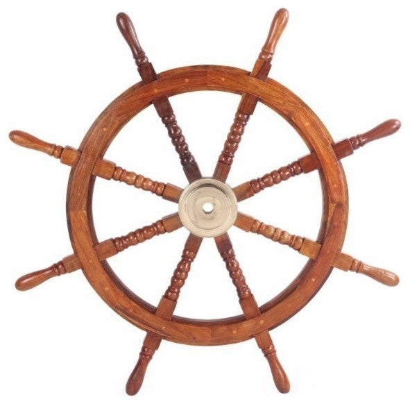 Nautical Sheesham Wood Decorative Ship Wheel With Brass Center, Brown