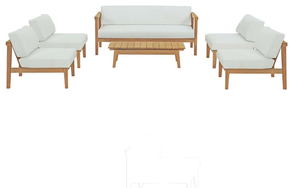 Lounge Sectional Sofa Chair Table Set, Wood, Brown Natural White, Outdoor