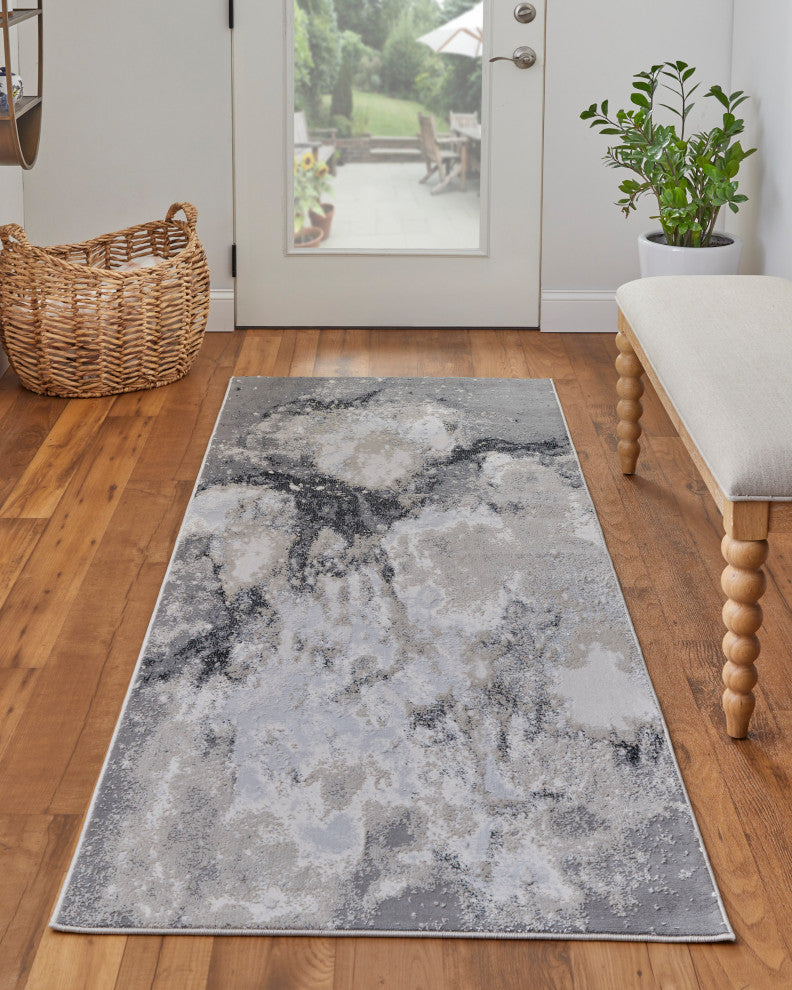Oria Industrial Abstract Area Rug, Gray/Ivory, 2'10"x7'10"