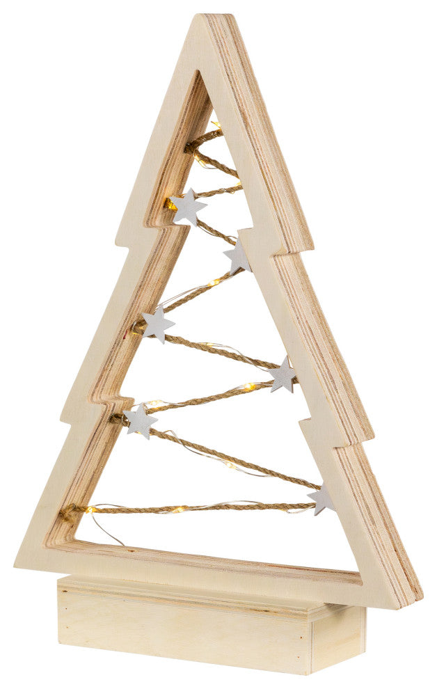 11" Lighted Wooden Christmas Tree With Stars Tabletop Decoration