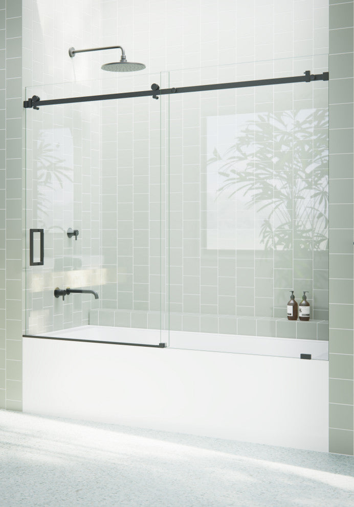 68-72"x60-Frameless Bath Tub Sliding Shower Door Square Hardware, Matte Black
