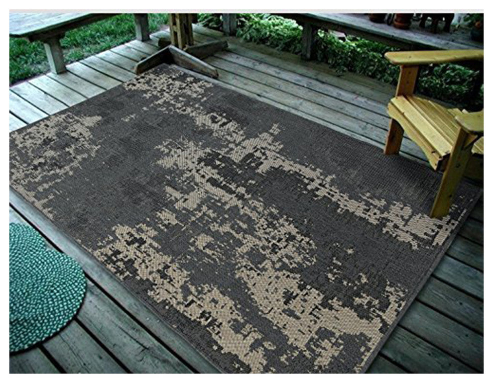 Vintage Faded Design Indoor/Outdoor Area Rug, Charcoal, 4'5"x7'