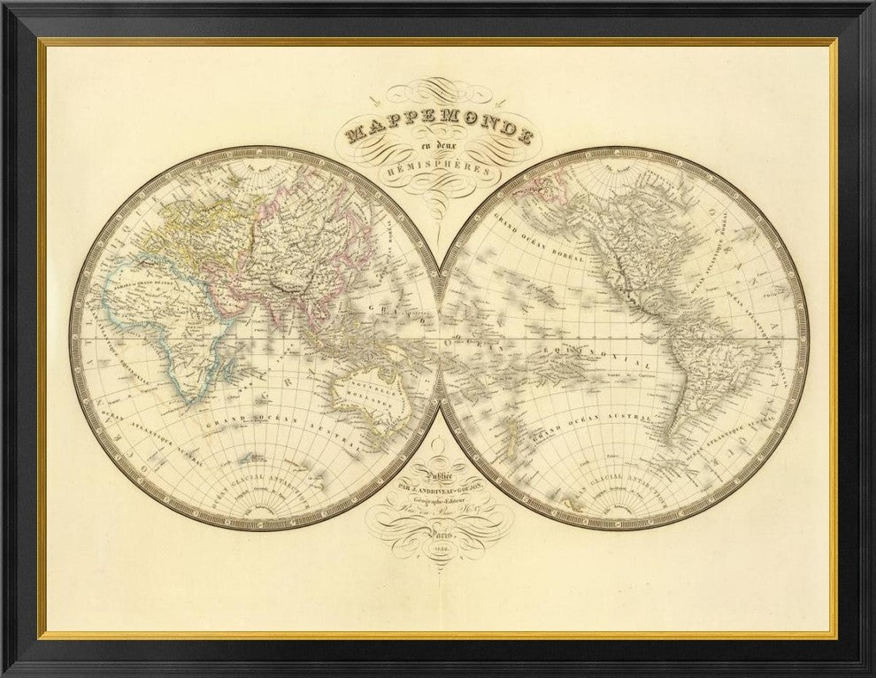 "Mappemonde, 1849" Framed Canvas Giclee by J. Andriveau-Goujon, 40x31"