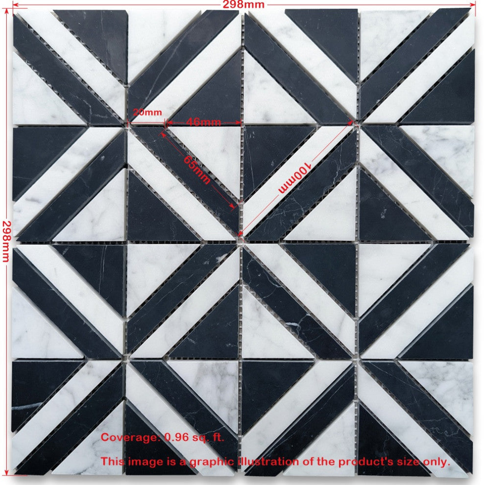 Carrara White Marble Striped Square Maze Mosaic Tile Marquina Black, 1 sheet