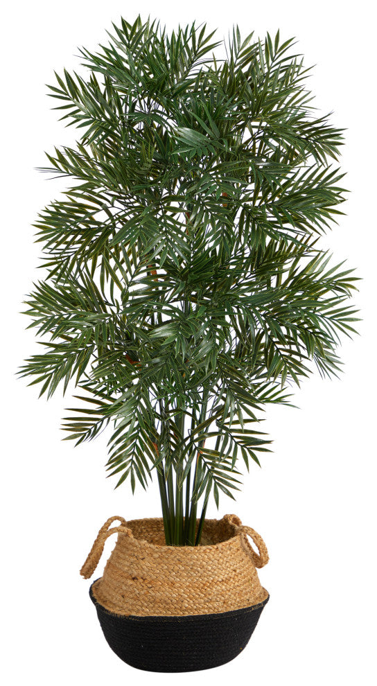 4' Parlor Palm Faux Tree, Boho Chic Handmade Cotton and Jute Black Woven Planter