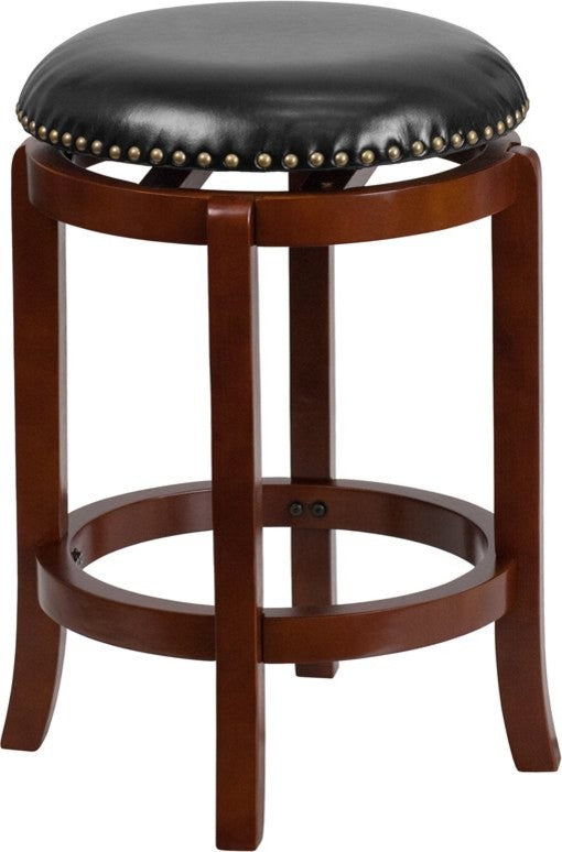 Estella 24'' Backless Light Cherry Wood Counter Stool With Black Leather