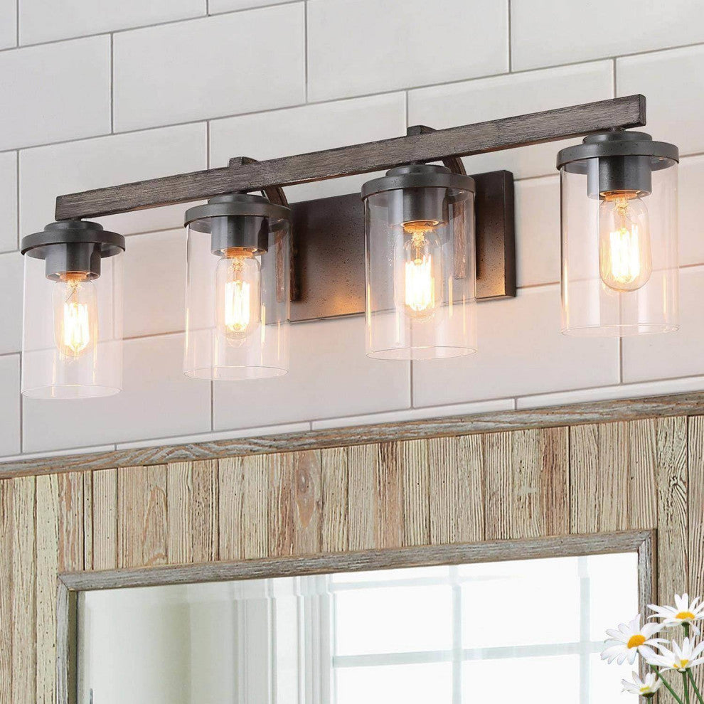LNC Black Modern Farmhouse Glass-Cylinder Bathroom Vanity Light, 4 Lights, Wood