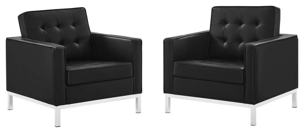 Tufted Armchair Accent Chair, Set of 2, Faux Leather, Silver Black, Modern