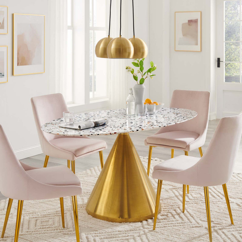 60" Dining Table, Oval, White Gold, Wood, Modern Cafe Bistro Hospitality