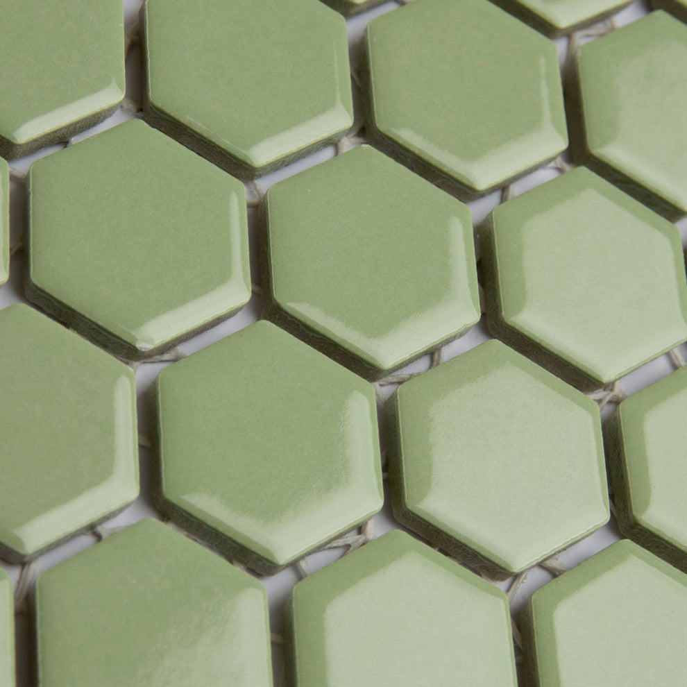 Metro 1" Hex Porcelain Mosaic Floor and Wall Tile, Glossy Olive