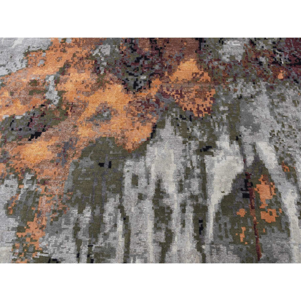 Gray, Abstract Dripping Design, Wool and Silk, Hand Knotted Rug, 8'10"x12'3"