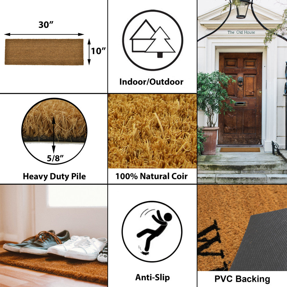Sheltered Long Front Door Mat Coir Coco Fibers Rug 30x10, Natural