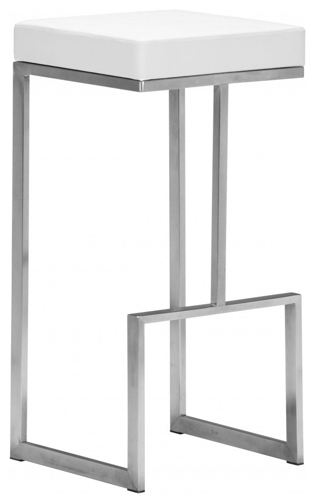 Set of Two White Faux Leather and Stainless Geometric Backless Barstools