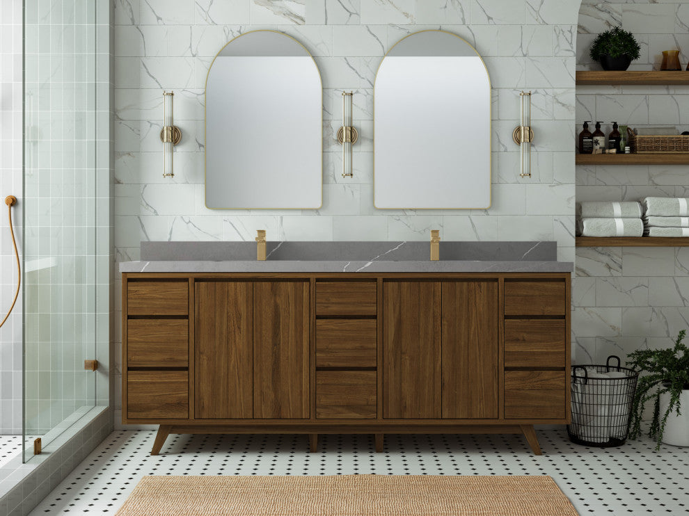 Madison Teak 84 Double Sink Bath Vanity in Dark Natural 2" Piatra Gray