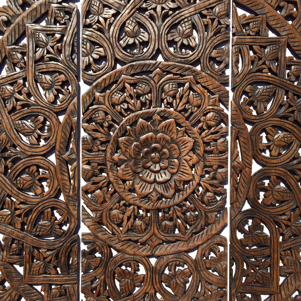 Round Lotus Flower Wood Carved Wall Plaque Home Decor, Brown, 36"x36"