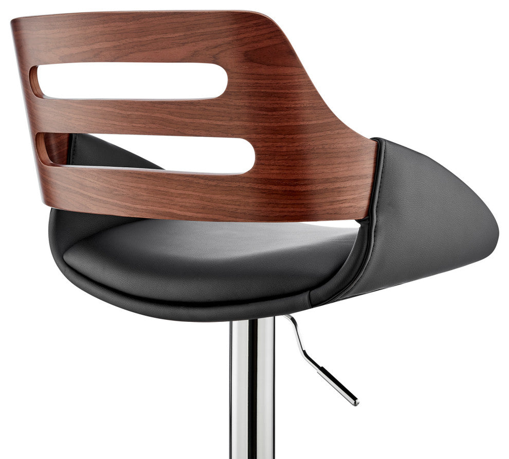Black Faux Leather and Walnut Wood Adjustable Bar Stool
