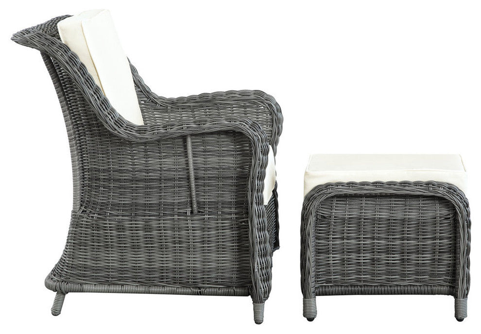 Modern Outdoor Patio Rattan and Wicker Jour Armchair and Ottoman Gray White