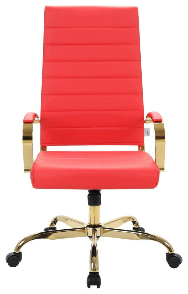 LeisureMod Benmar High-Back Leather Office Chair With Gold Frame Red