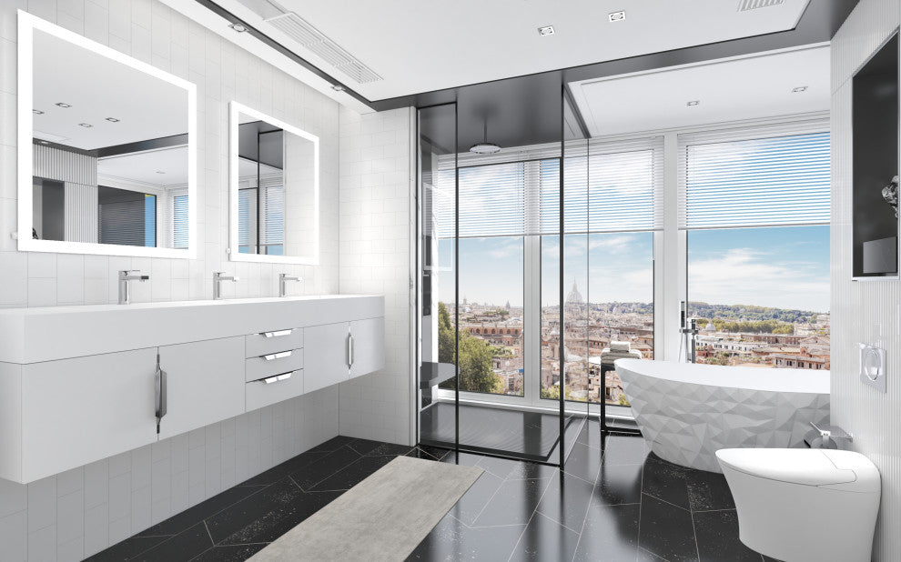 CastelloUSA Nile 84" Wall Mounted Bathroom Vanity Set, White, White Top, Brushed Nickel