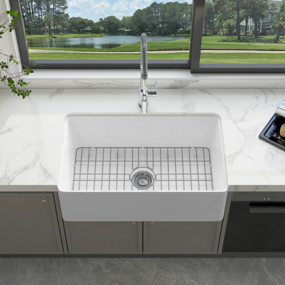 Sinber Farmhouse Apron Single Bowl Kitchen Sink with Fireclay 2 Accessories, White, 30" X 18"