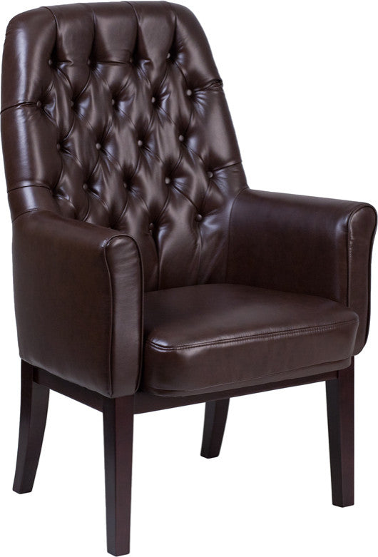 High Back Traditional Tufted Brown Leather Side Reception Chair